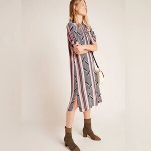 Striped Pink, Tan and Black Midi Dress - Anthropologie